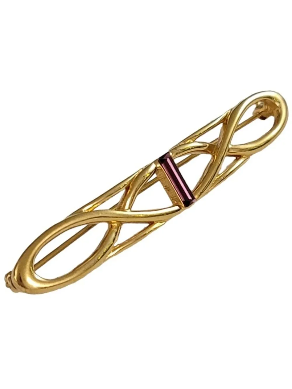 Monet Gold Tone Vintage Purple Baguette Braided Open Bar Pin Brooch, Signed K945